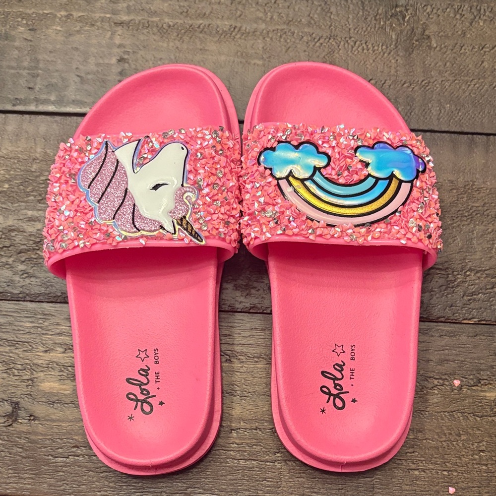 Lola And The Boys - Girls' Glitter Unicorn & Rainbow Slide Sandals